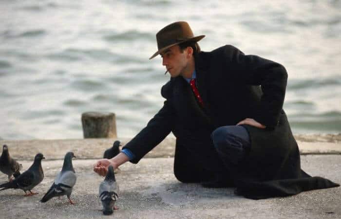 man and pigeons