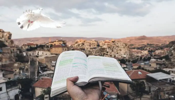 holding a bible over a town while dove swoops past