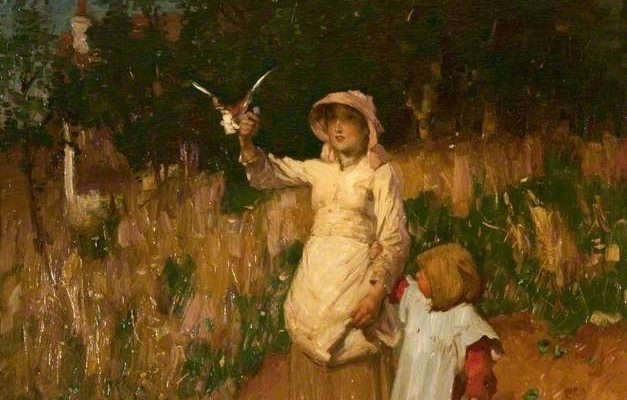 Painting of a woman and child feeding pigeons, by Thomas Austen Brown